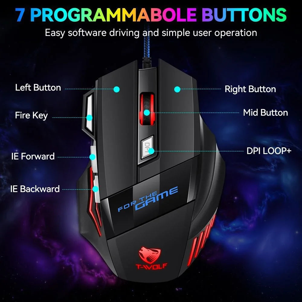 Ratón gaming con cable KEBIDUMEI, 7 botones, retroiluminación RGB, ratón USB ergonómico, 2400 DPI, 3 niveles de DPI, para PC, portátil, Windows y Mac OS