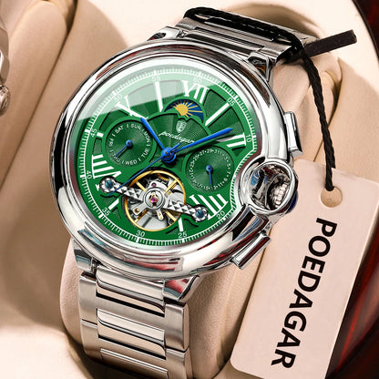 Relógio de homem POEDAGAR, estilo luxuoso e profissional, com indicação da data e do dia, turbilhão, caixa em aço inoxidável, movimento mecânico automático e resistência à água.