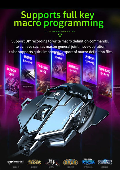 Mouse gaming meccanico in metallo cablato ergonomico con retroilluminazione RGB, mouse da gioco ottico USB 12800 DPI per PC desktop