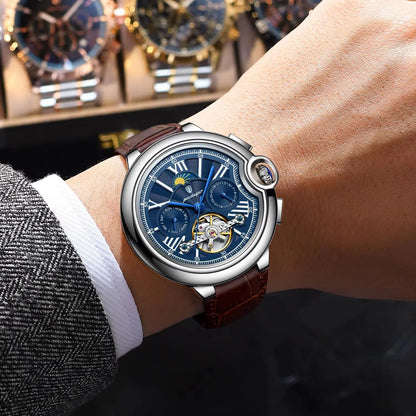 Relógio de luxo para homem POEDAGAR – Modelo mecânico automático com indicação da data e do dia, bracelete em pele, turbilhão, resistente à água, estilo elegante e profissional.