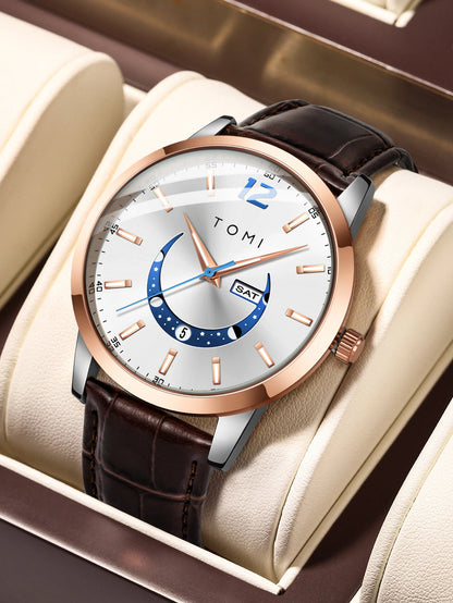 Relógio de quartzo TOMI, estilo empresarial e elegante, com bracelete em pele, caixa em liga metálica e mostrador com ponteiros – Design de alta qualidade, ideia de presente para homem