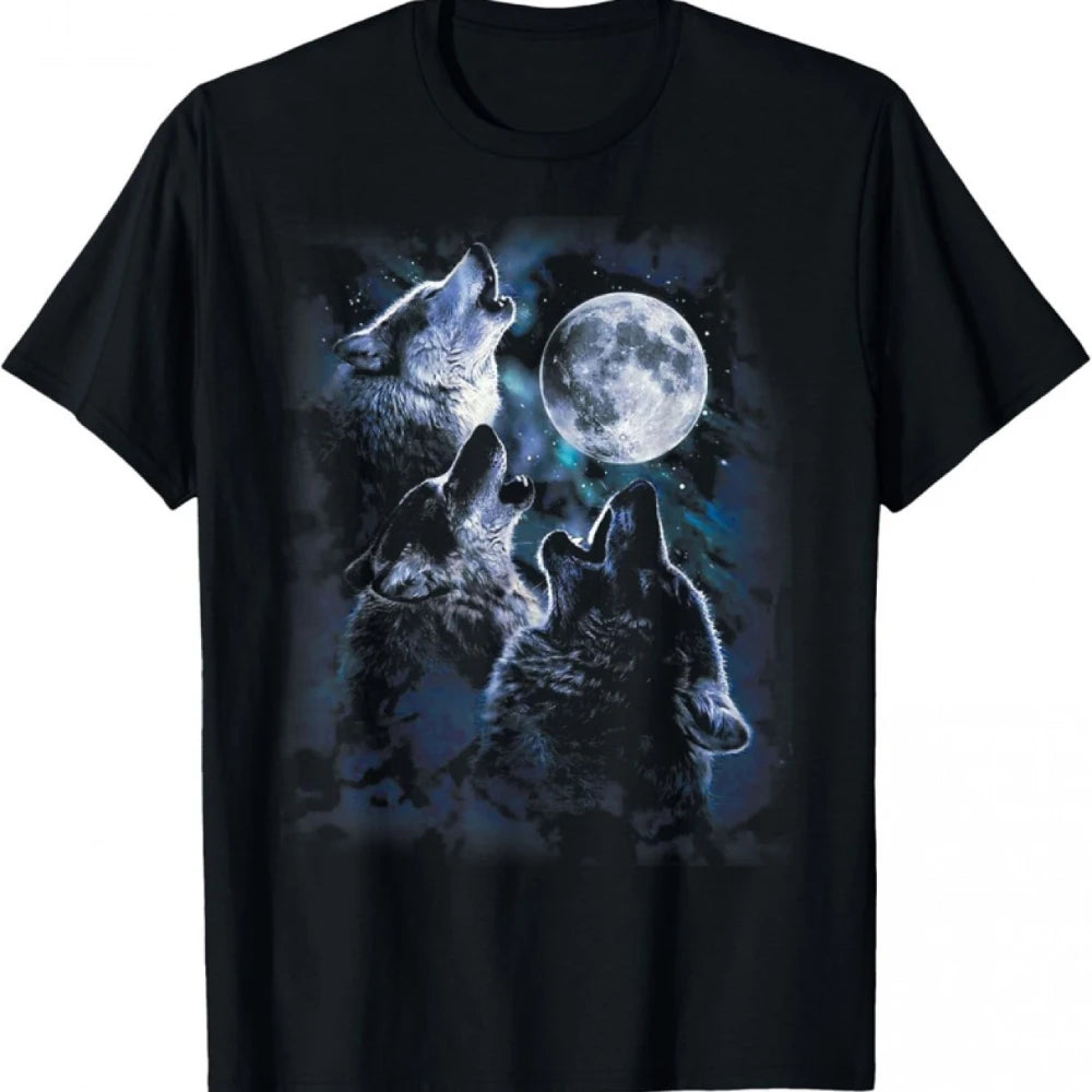 Men's Bohemian Wolf Howling At Moon T-Shirt Black Crew Neck Tee with Wolf Moon Design Fit Suitable for Casual Outdoor