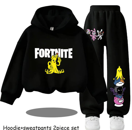 Fortnite Kids Spring and Autumn Long-Sleeved Pants Children's Hooded Sweatshirt Set Game Cartoon Print Boys' Sport Shirt