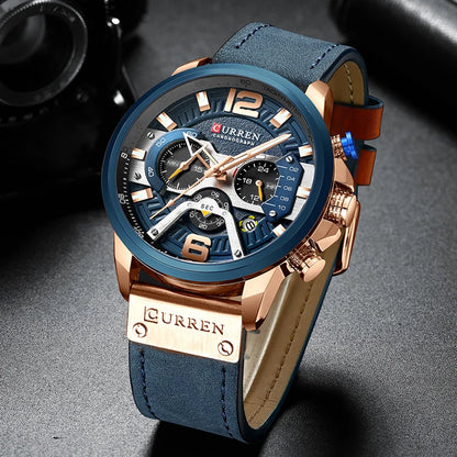 Relógio para homem CURREN 8329 – Estilo desportivo descontraído, design militar, bracelete em pele, cronógrafo na moda, relógio de luxo de grande marca
