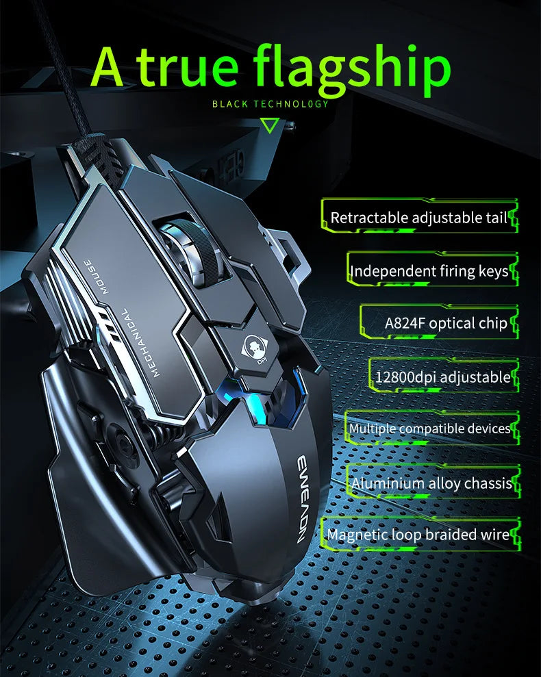 Mouse gaming meccanico in metallo cablato ergonomico con retroilluminazione RGB, mouse da gioco ottico USB 12800 DPI per PC desktop