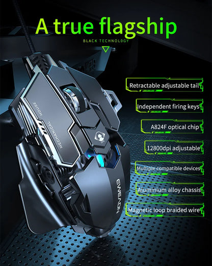 Mouse gaming meccanico in metallo cablato ergonomico con retroilluminazione RGB, mouse da gioco ottico USB 12800 DPI per PC desktop