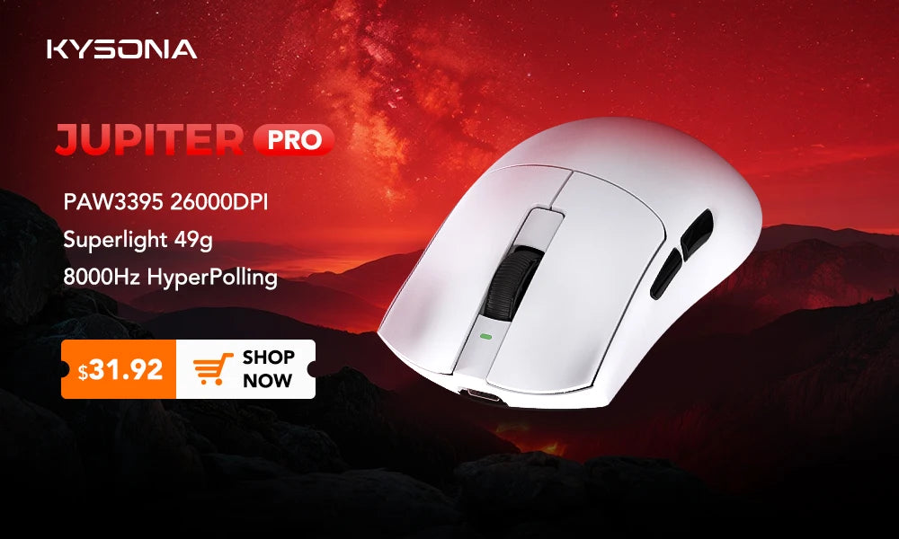Mouse gaming KYSONA Jupiter Series cablato e wireless 8Khz con sensore PAW3950, Bluetooth, 46g, ricaricabile, driver web per PC e laptop