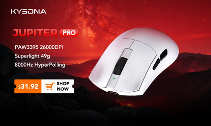 Mouse gaming KYSONA Jupiter Series cablato e wireless 8Khz con sensore PAW3950, Bluetooth, 46g, ricaricabile, driver web per PC e laptop
