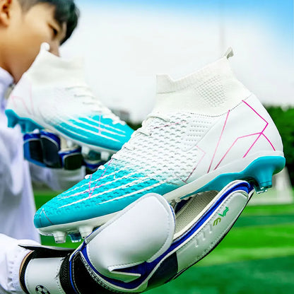 Sapatilhas de Futebol Profissionais de Cano Alto em Pele para Relva Artificial, Treino e Desporto, para Jovens, Estudantes, Homens e Mulheres
