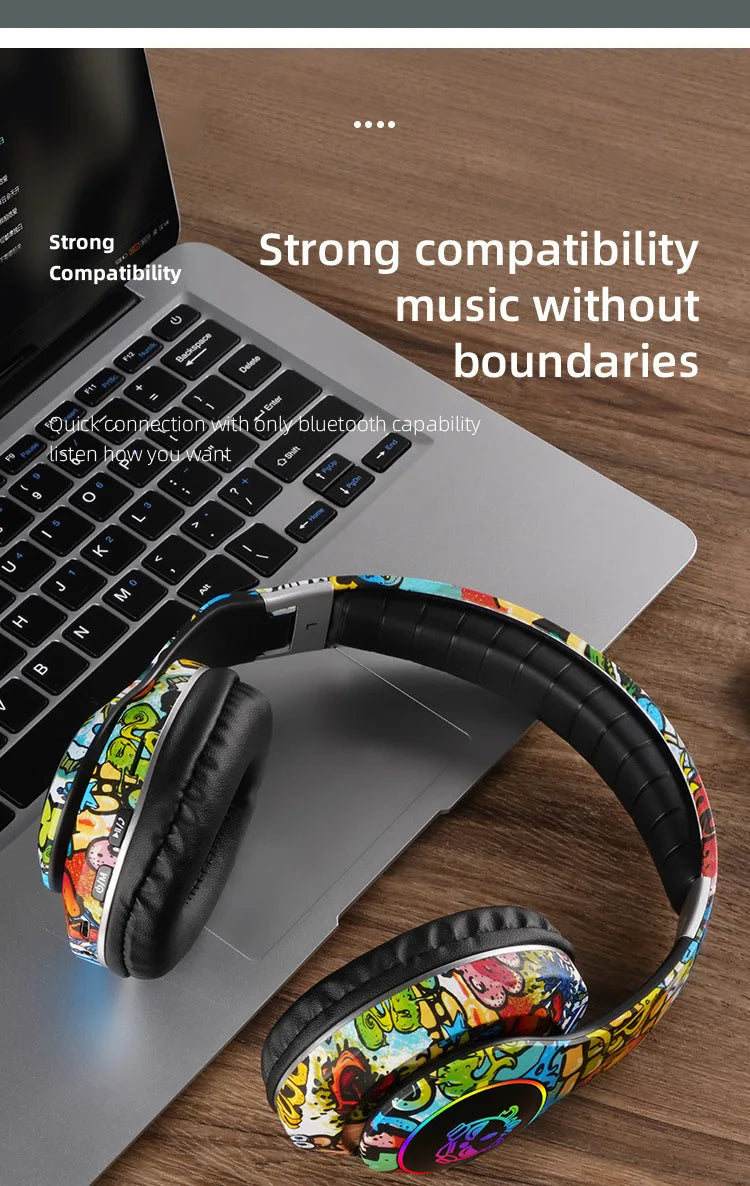 Nuovo headset gaming Bluetooth wireless Graffiti LX-8686 con microfono, luce LED, supporto per scheda TF, bassi profondi e cuffie over-ear per PC, gaming e bambini