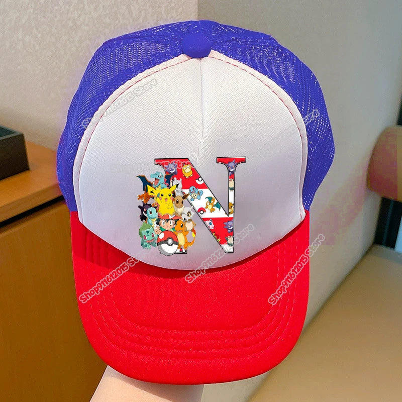 Tegneserie-Pokémon-baseballkasket til børn med Pikachu og bogstaverne A-Z – til drenge og piger – solbeskyttende solhat – børnekasket med skygge – sommer-trucker-kasket – far-kasket