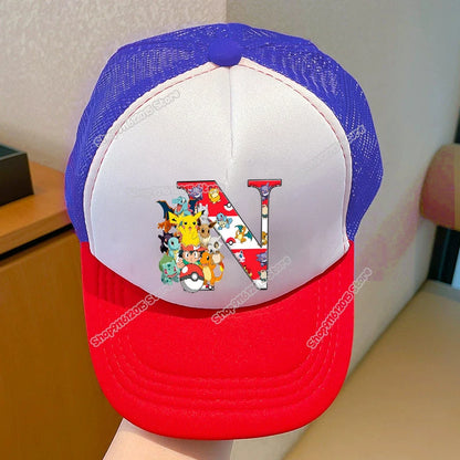 Tegneserie-Pokémon-baseballkasket til børn med Pikachu og bogstaverne A-Z – til drenge og piger – solbeskyttende solhat – børnekasket med skygge – sommer-trucker-kasket – far-kasket