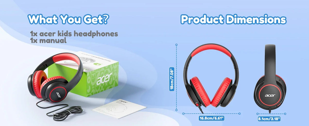 Casque filaire Acer pour enfants, idéal pour l’école, avec prise jack 3,5 mm, pliable, à porter sur les oreilles, pour les jeunes garçons et les jeunes filles, niveau sonore sécurisé de 85/94 dB.