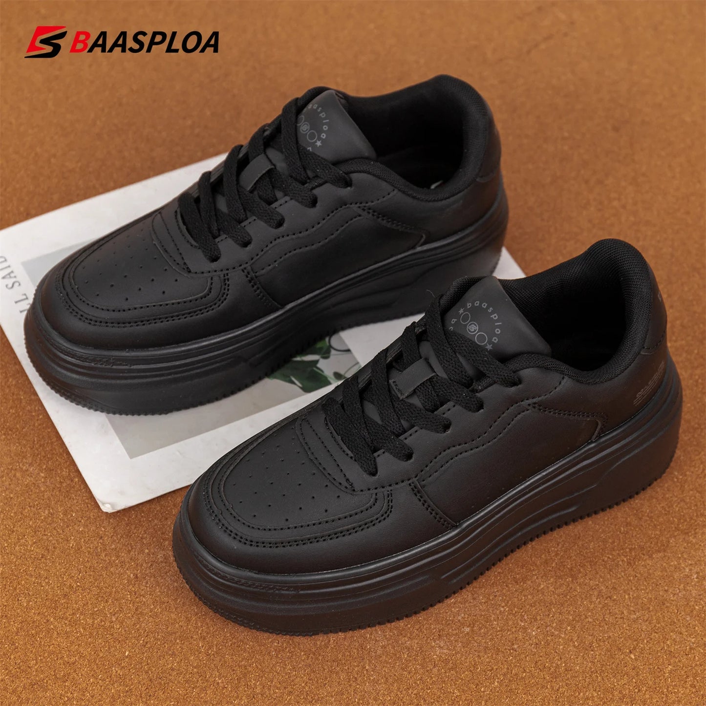 Baasploa Women Platform Sneakers Fashion Leather Casual Thick Soled Shoes for Women Comfort White Skateboarding Shoes Non-Slip