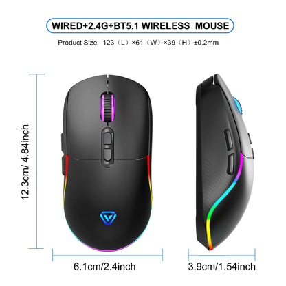 Mouse tri-mode 2.4G wireless/Bluetooth/cablato, DPI regolabile a 6 livelli, batteria da 500mAh, illuminazione RGB, macro per gaming e esports, mouse da ufficio