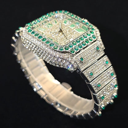 Gold Watch For Men Hip Hop Luxury Green Diamond Quartz Watches Fashion Iced Jewelry Clock Dropshipping