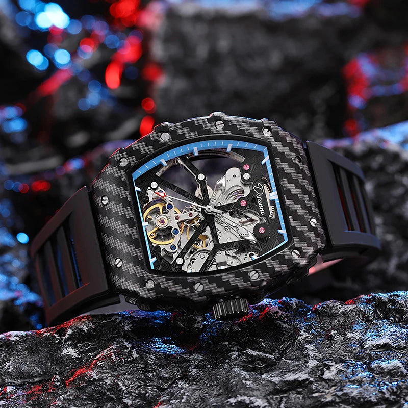 Mechaniczny zegarek Tourbillion dla mężczyzn, silikonowy pasek, szkieletowa koperta tonneau, automatyczne zegarki męskie, luksusowa topowa marka, reloj hombre
