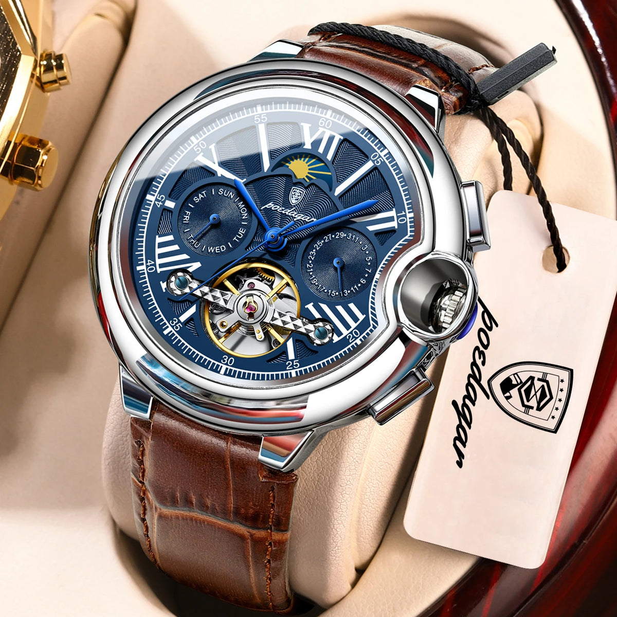 Relógio de luxo para homem POEDAGAR – Modelo mecânico automático com indicação da data e do dia, bracelete em pele, turbilhão, resistente à água, estilo elegante e profissional.