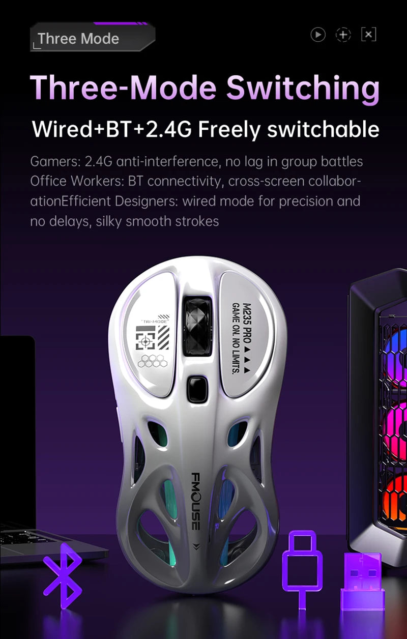 Tri-Mode RGB Gaming Mouse Wireless 2.4G Bluetooth Wired Lightweight Gaming Mouse with Chroma RGB Lighting, 4800 DPI Rechargeable Gaming Mouse for PC & Laptop