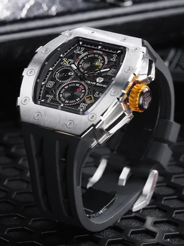 Reloj TSAR BOMBA para hombre, marca de lujo, diseño tonneau, impermeable, de acero inoxidable, reloj de pulsera de moda rectangular para hombre