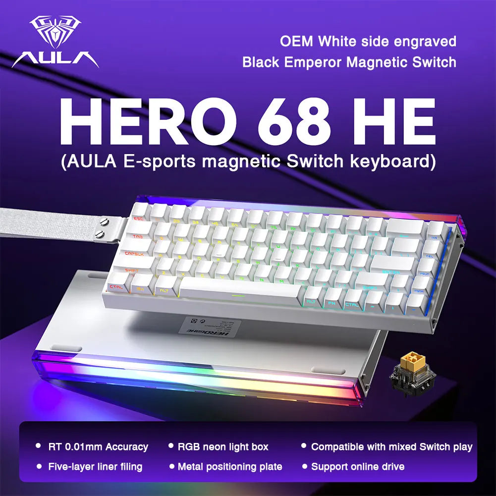 AULA HERO68 HE Tastiera con switch magnetici, Rapid Trigger, polling rate 8K, tastiera da gaming eSports RGB cablata meccanica