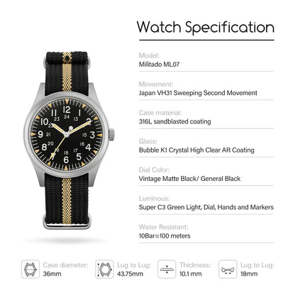 Militado ML07 Military Watch VH31 Quartz Movement Sapphire Crystal Luminous AR Coating Vintage Watches 100m Waterproof