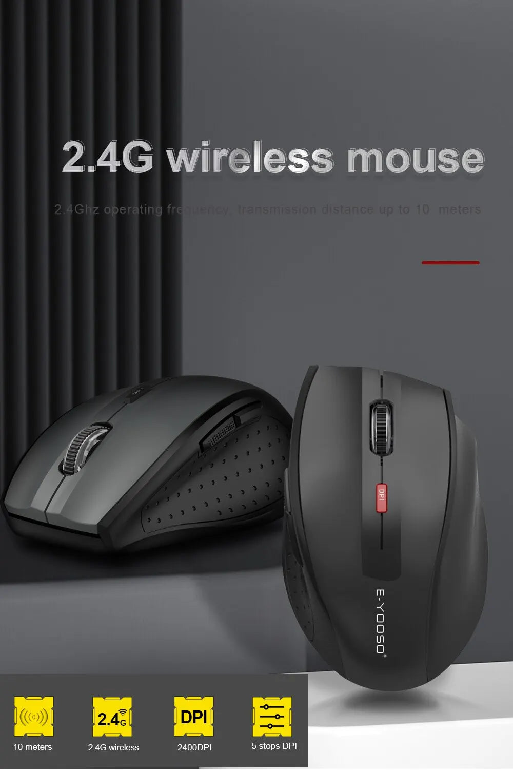 E-YOOSO E-1010 Mouse Wireless USB 2.4G da Gaming e Ufficio, Mouse Ottico 2400 DPI Ergonomico per Laptop, PC e Computer
