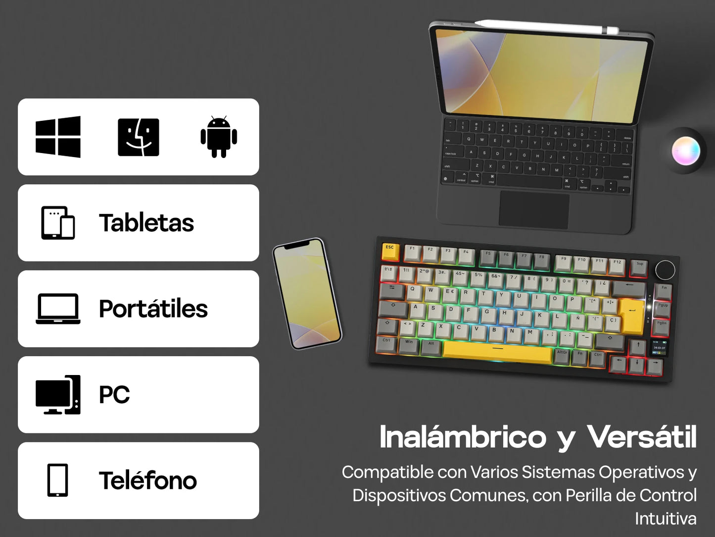 Distribución ISO-ES EPOMAKER X AJAZZ AK820 PRO 75% teclado mecánico con distribución española, cable/2.4GHz/BT, pantalla y perilla para Pc/Mac