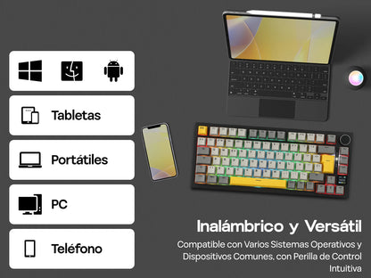Distribución ISO-ES EPOMAKER X AJAZZ AK820 PRO 75% teclado mecánico con distribución española, cable/2.4GHz/BT, pantalla y perilla para Pc/Mac