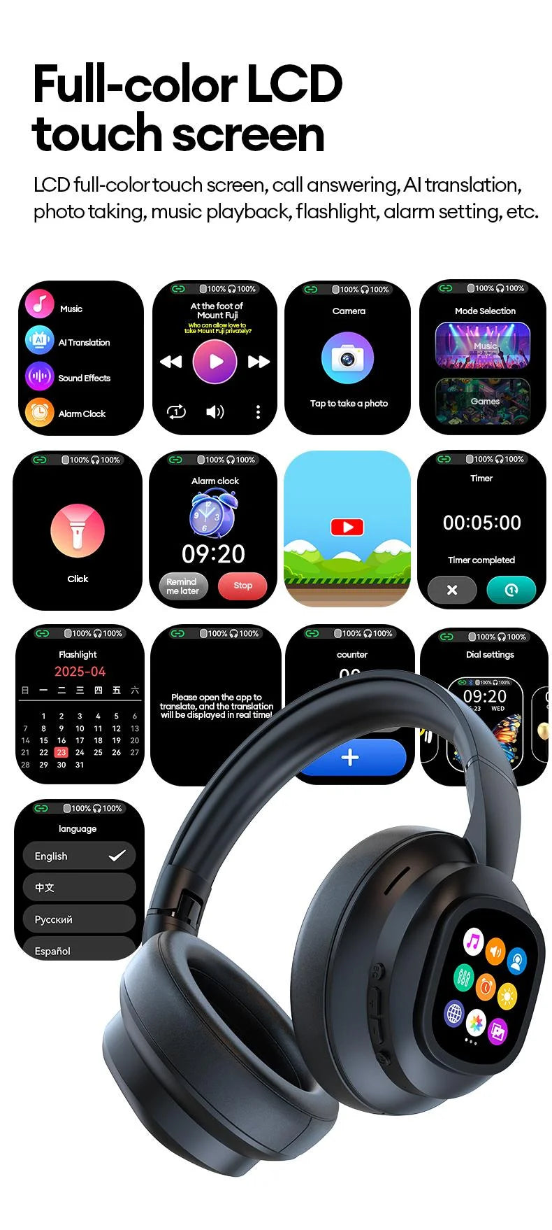 Auriculares inalámbricos Bluetooth con pantalla táctil LCD AI – Headset gaming con cancelación de ruido ANC, graves profundos y micrófono HD