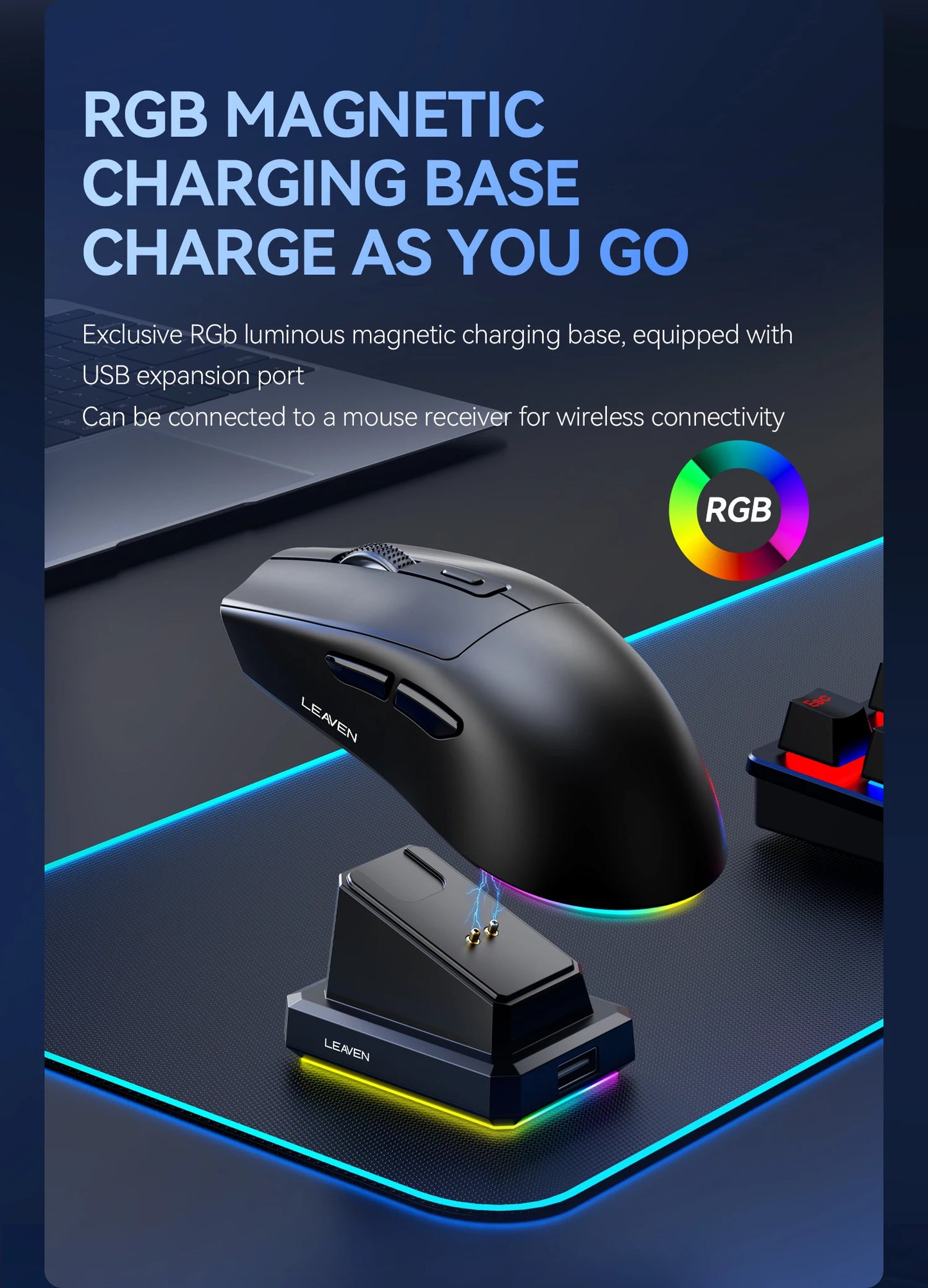 Dual-Mode Wireless Mouse with Magnetic Charging Dock, RGB Backlit Bluetooth & 2.4G Wireless Mouse, Rechargeable Ergonomic Mouse with Adjustable 1600 DPI