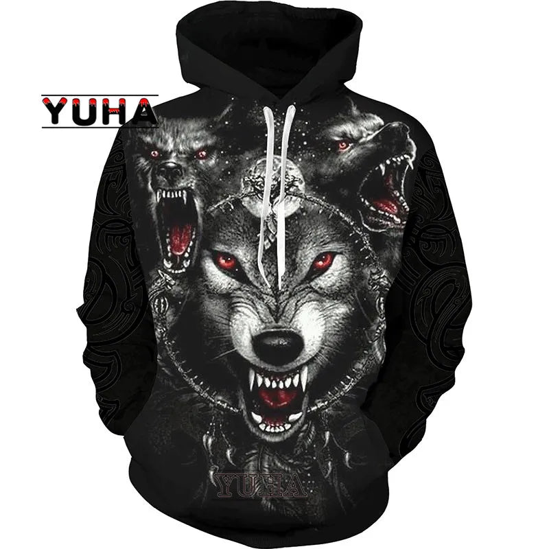 Sweatshirt com Capuz Unissexo Wolf com Impressão 3D, Pullover Cool com Gráfico Animal, Streetwear Masculino