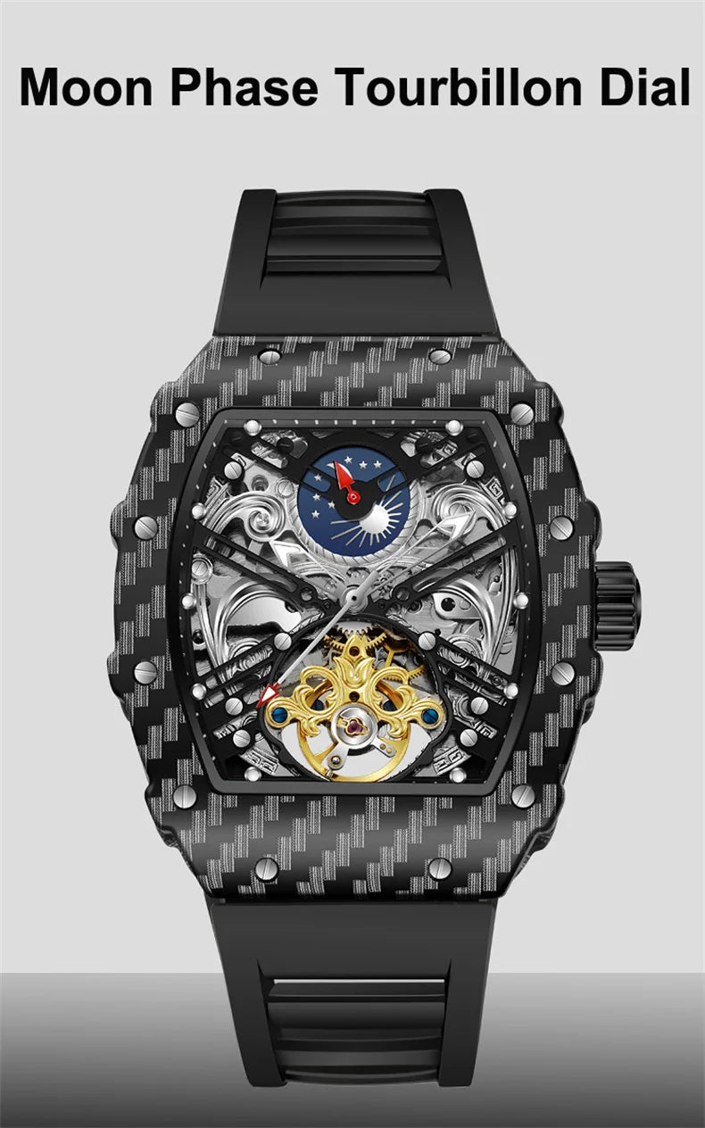 Mechaniczny zegarek Tourbillion dla mężczyzn, silikonowy pasek, szkieletowa koperta tonneau, automatyczne zegarki męskie, luksusowa topowa marka, reloj hombre