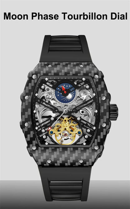 Mechaniczny zegarek Tourbillion dla mężczyzn, silikonowy pasek, szkieletowa koperta tonneau, automatyczne zegarki męskie, luksusowa topowa marka, reloj hombre
