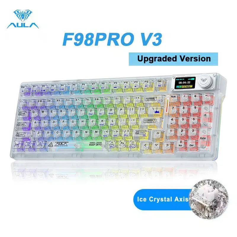 AULA F98Pro V3 Mechanical Keyboard 3-mode Wireless Bluetooth Hot-swap E-sports Customized Transparent Keycaps RGB Game Keyboards