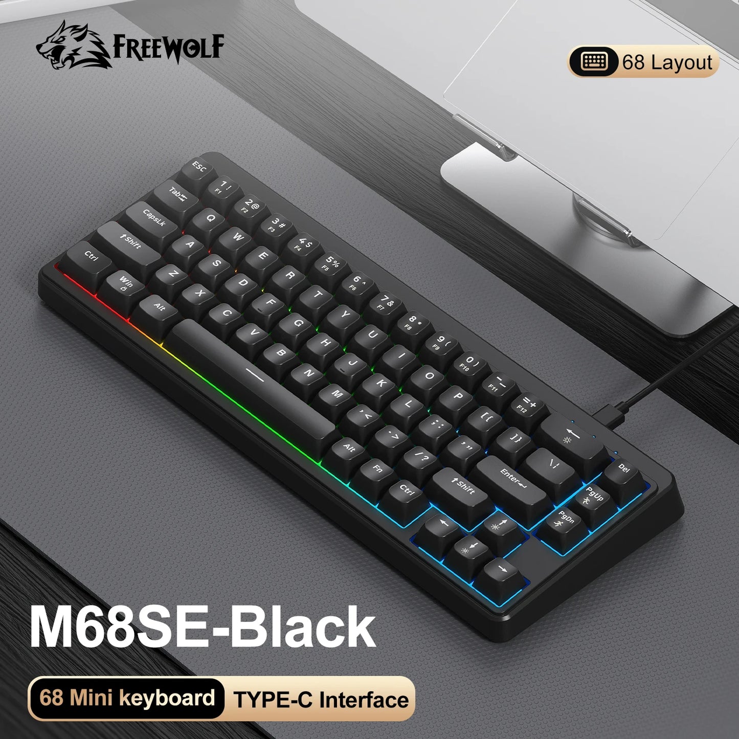 FREEWOLF M68SE 68% Mini Wired Keyboard RGB Backlit Silent Mechanical Feel Type-C Detachable Cable for PC Mac