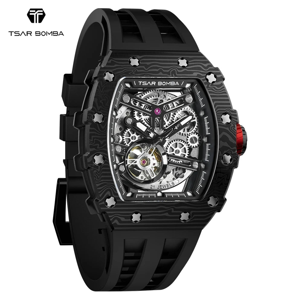 TSAR BOMBA Carbon Fiber Automatic Mechanical Watch for Men Waterproof Skeleton Mens Watches Top Brand Luxury Wristwatches