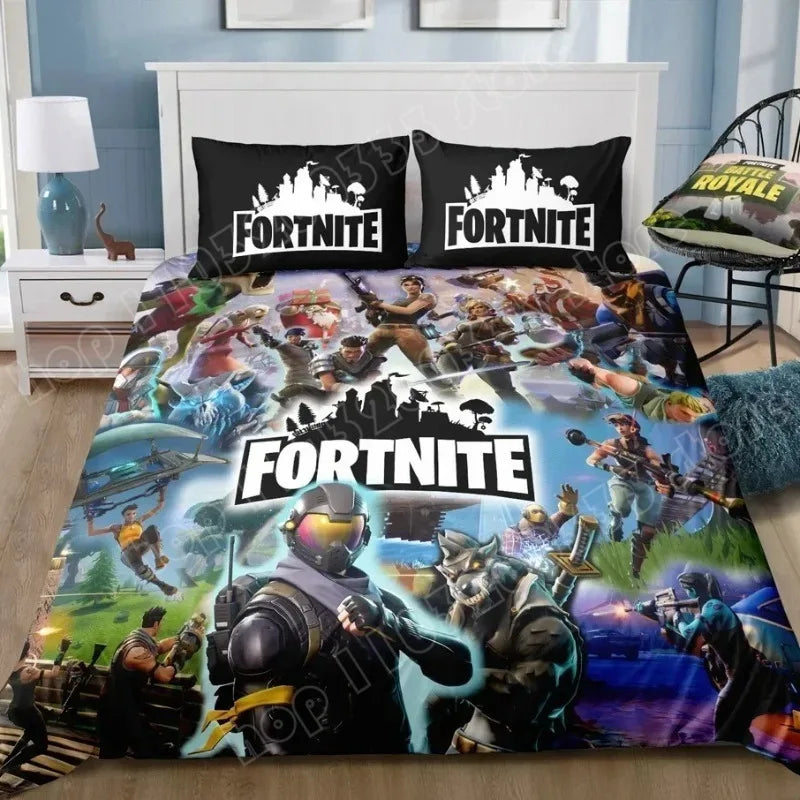 Juego de cama Fortnite de 3 piezas, ropa de cama para dormitorio con estampado 3D, diseño de videojuego y dibujos animados, funda nórdica y funda de almohada decorativas, regalo de cumpleaños