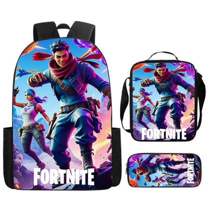 Set Fortnite Cartoon de 3 piezas, gran capacidad, adecuado para niños y niñas de 5 a 8 años, incluye mochila, bolsa para comida y estuche para lápices