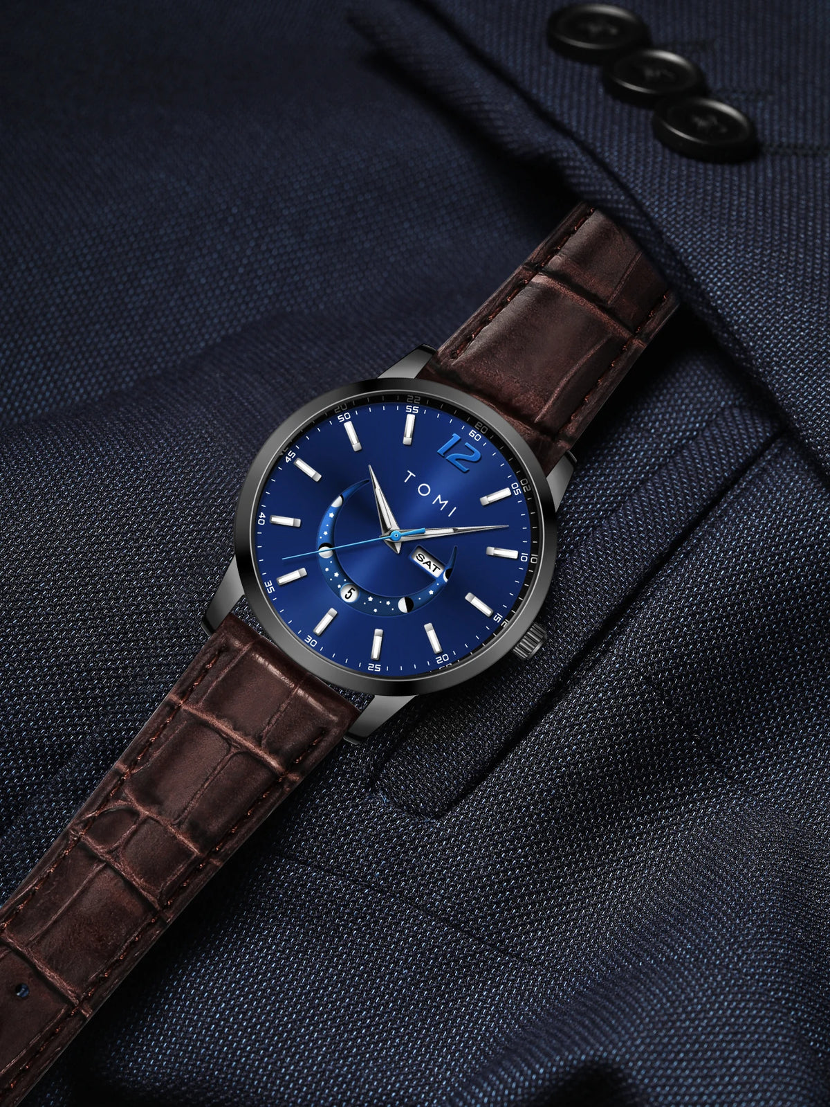 Relógio de quartzo TOMI, estilo empresarial e elegante, com bracelete em pele, caixa em liga metálica e mostrador com ponteiros – Design de alta qualidade, ideia de presente para homem