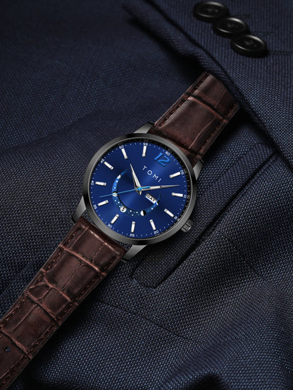Relógio de quartzo TOMI, estilo empresarial e elegante, com bracelete em pele, caixa em liga metálica e mostrador com ponteiros – Design de alta qualidade, ideia de presente para homem