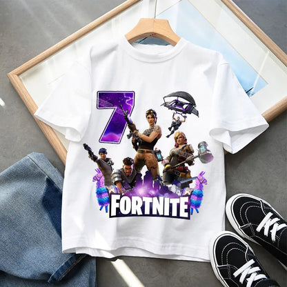 Camiseta infantil de cumpleaños Fortnite con número para niñas y niños, ropa de verano, camiseta de algodón para bebé, tops de manga corta para fiesta, regalo para niños pequeños