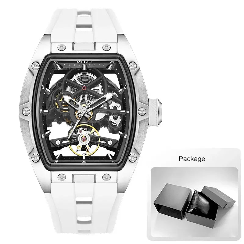 Orologio da polso automatico MEGIR da uomo, fashion, cinturino in silicone nero, impermeabile, luminoso, sportivo, meccanico, con quadrante tonneau 2242