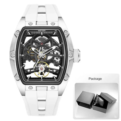 Orologio da polso automatico MEGIR da uomo, fashion, cinturino in silicone nero, impermeabile, luminoso, sportivo, meccanico, con quadrante tonneau 2242