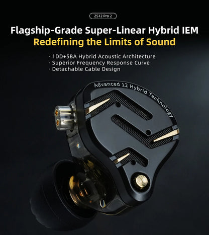 KZ ZS12 PRO 2 Hybrid-IEM-Kopfhörer – HiFi-Bass kabelgebundene Gaming-Ohrhörer mit superlinearen Treibern