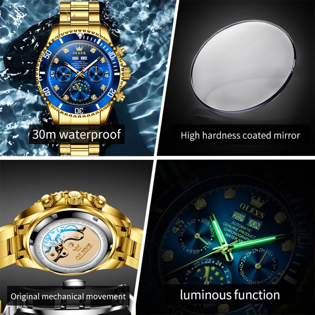 OLEVS 6729 Original Men's Watches Stainless Steel Waterproof Luminous Date Week Moon Phase Automatic Mechanical Watches for Man