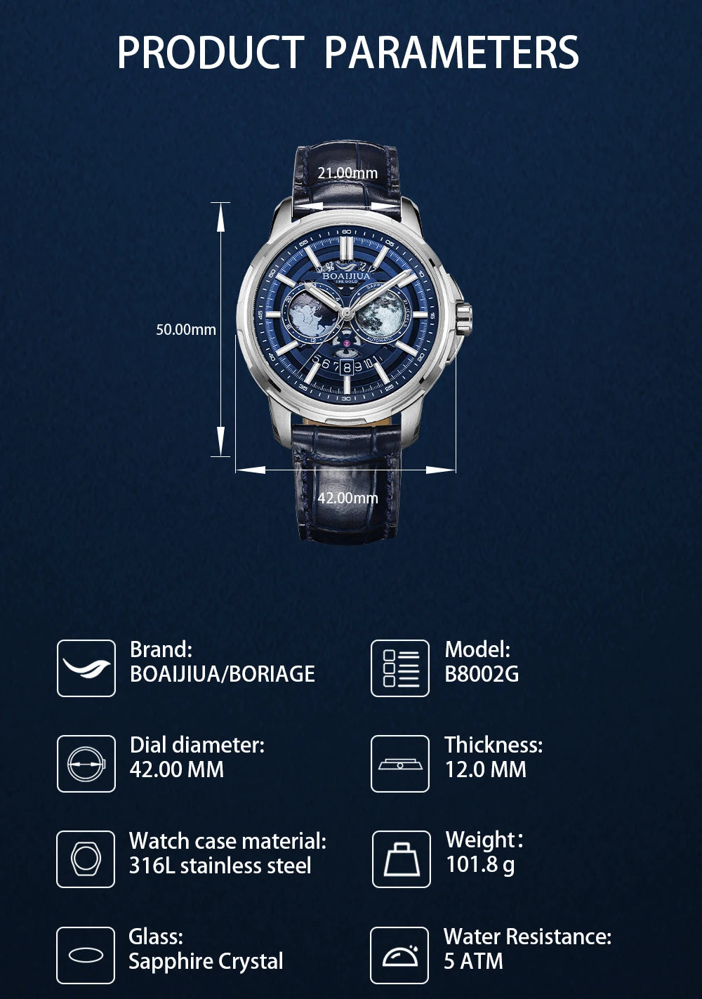 BORIAGE(BOAIJIUA) Orologio meccanico da uomo completamente automatico, design originale, impermeabile e luminoso