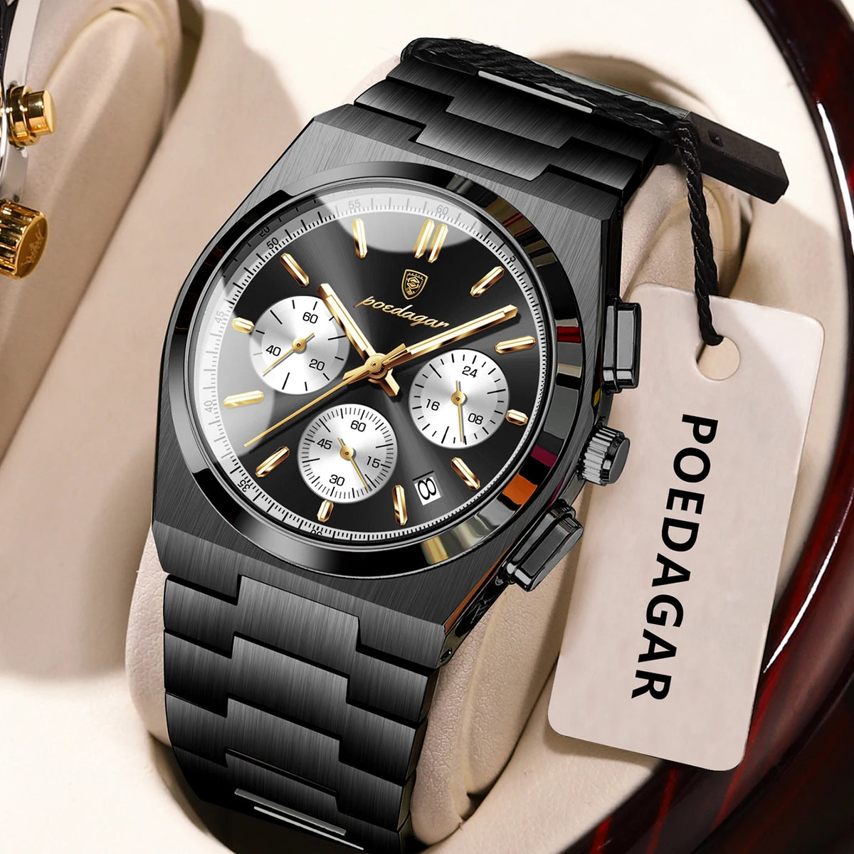 Reloj para hombre POEDAGAR: cronógrafo de lujo de acero inoxidable, con fecha, resistente al agua y luminiscente; reloj de pulsera deportivo de cuarzo