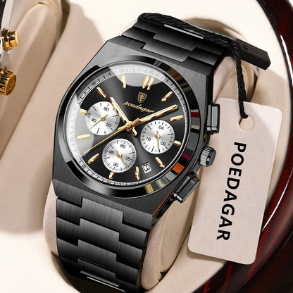 Reloj para hombre POEDAGAR: cronógrafo de lujo de acero inoxidable, con fecha, resistente al agua y luminiscente; reloj de pulsera deportivo de cuarzo