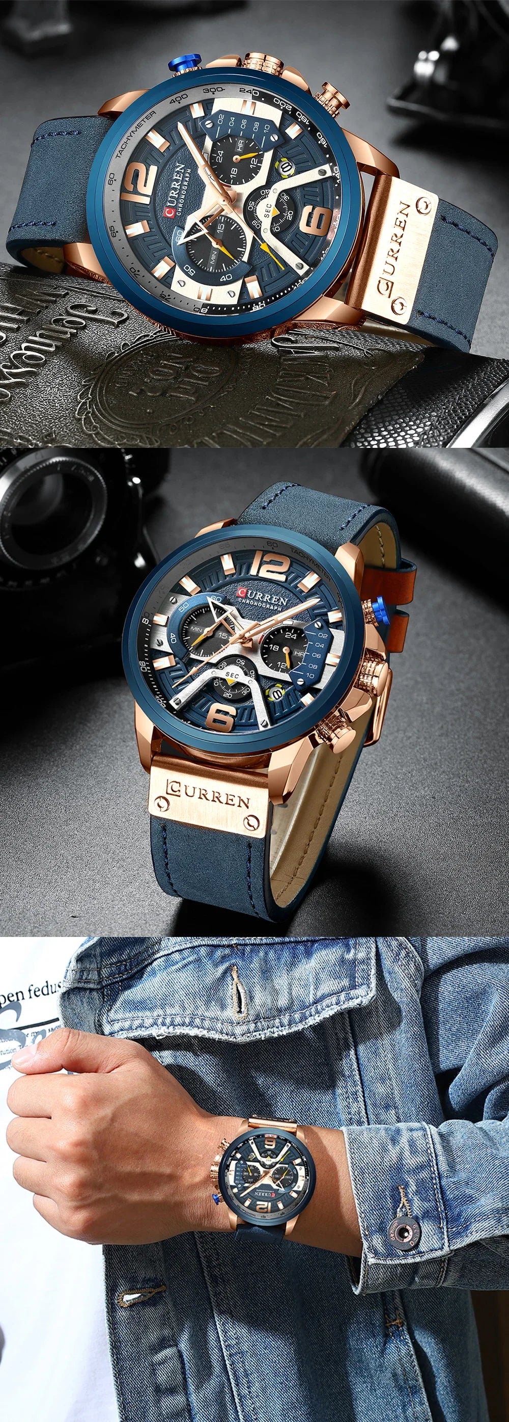 Relógio para homem CURREN 8329 – Estilo desportivo descontraído, design militar, bracelete em pele, cronógrafo na moda, relógio de luxo de grande marca